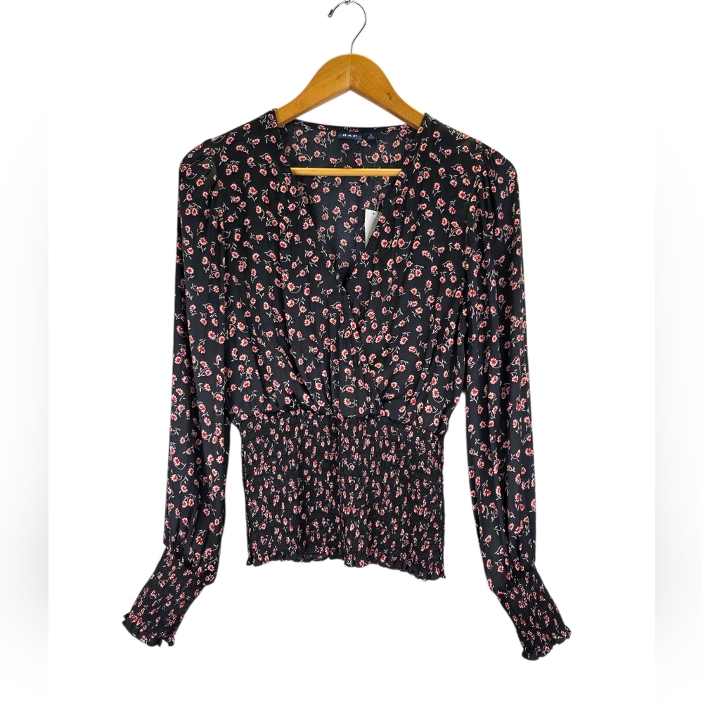 NWT Gap Blouse Women's Floral Ballon Long Sleeve Smocked Wrap‎ V-Neck Size Small